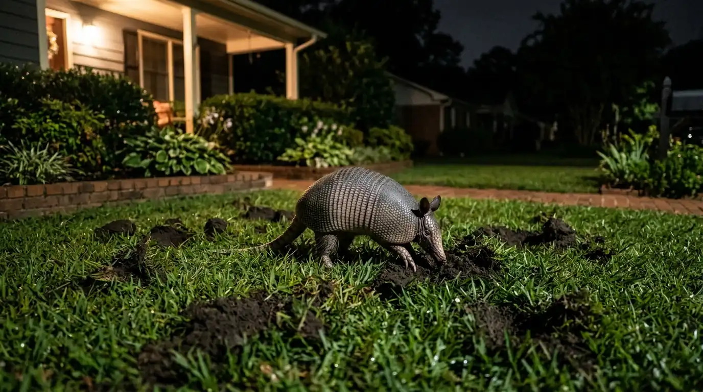 An armadillo rooting in a lawn at night among cone-shaped diggings