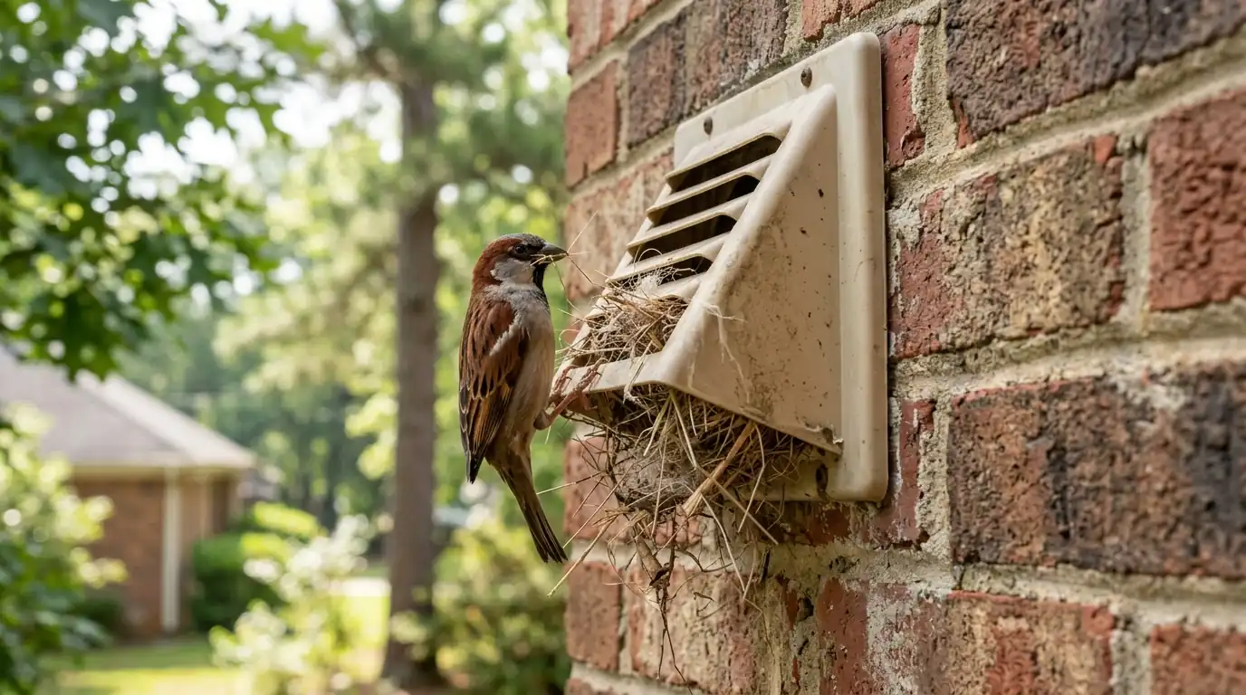 A sparrow at a dryer vent hood with nesting material protruding